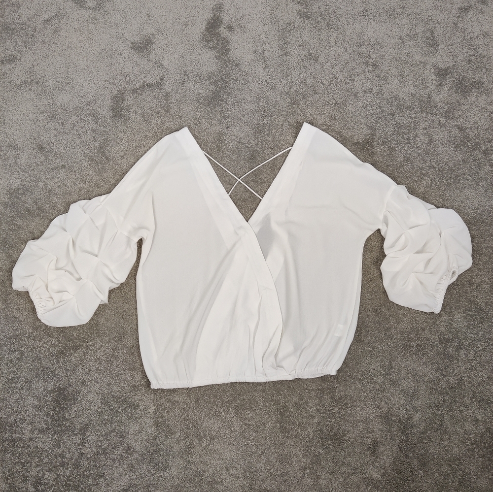 Essue Women's Ruched Bell Sleeve Wrap Blouse in White Size Small
